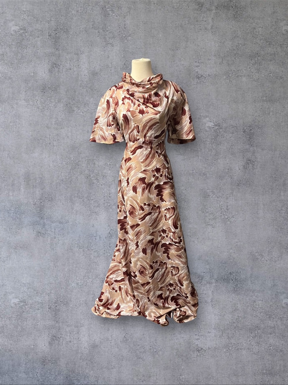 Vintage 70s Handmade Brown Tan Gray White Brush Stroke Pattern Maxi Dress